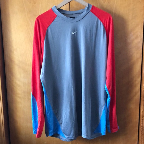 Vintage Nike Dri Fit Center Swoosh Gray Red Blue Long Sleeve Shirt Size XL - Picture 1 of 4